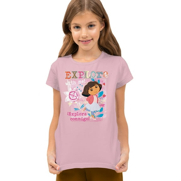 Popfunk Dora The Explorer Explore With Me! Textured Design Kids T Shirt for Youth Boys and Girls, Pink, Small