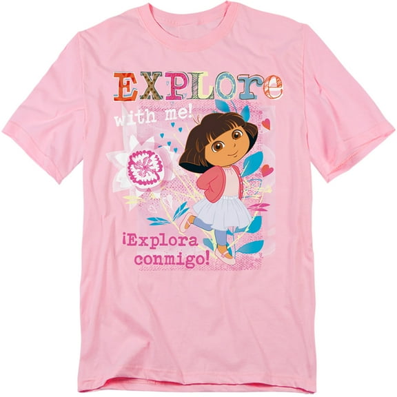 Popfunk Dora The Explorer Explore With Me! Textured Design Unisex Adult T Shirt, Pink, X-Large