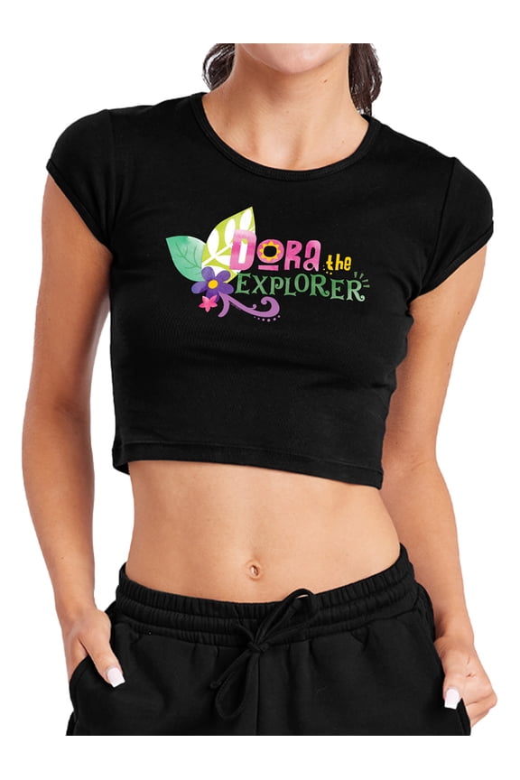 Popfunk Dora The Explorer Floral Lettering Women's Cap Sleeve Baby Rib Crop Top, Black, Medium