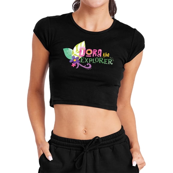 Popfunk Dora The Explorer Floral Lettering Women's Cap Sleeve Baby Rib Crop Top, Black, Small