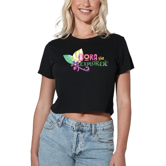 Popfunk Dora The Explorer Floral Lettering Women's Crop Top T-Shirt, Black, Large