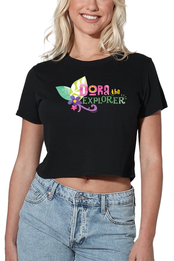 Popfunk Dora The Explorer Floral Lettering Women's Crop Top T-Shirt, Black, Medium