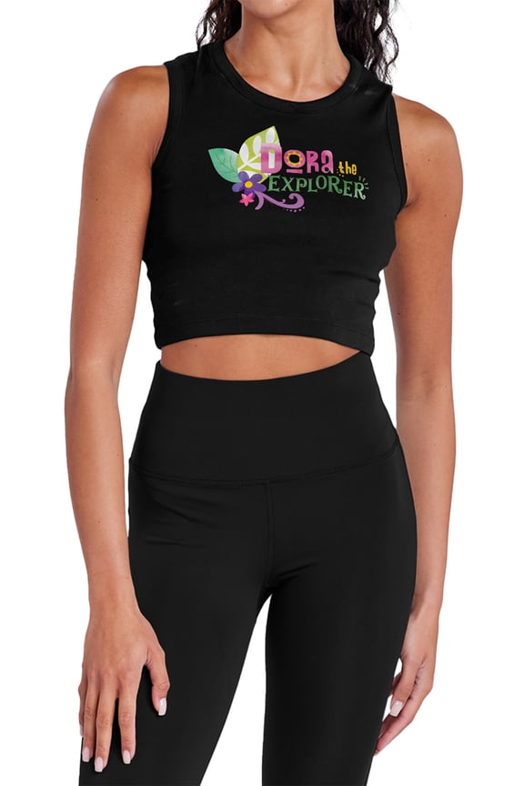 Popfunk Dora The Explorer Floral Lettering Women's Sleeveless Crop Top Tank, Black, X-Small