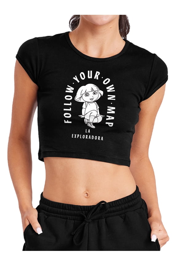 Popfunk Dora The Explorer Follow Your Own Map Women's Cap Sleeve Baby Rib Crop Top, Black, Small