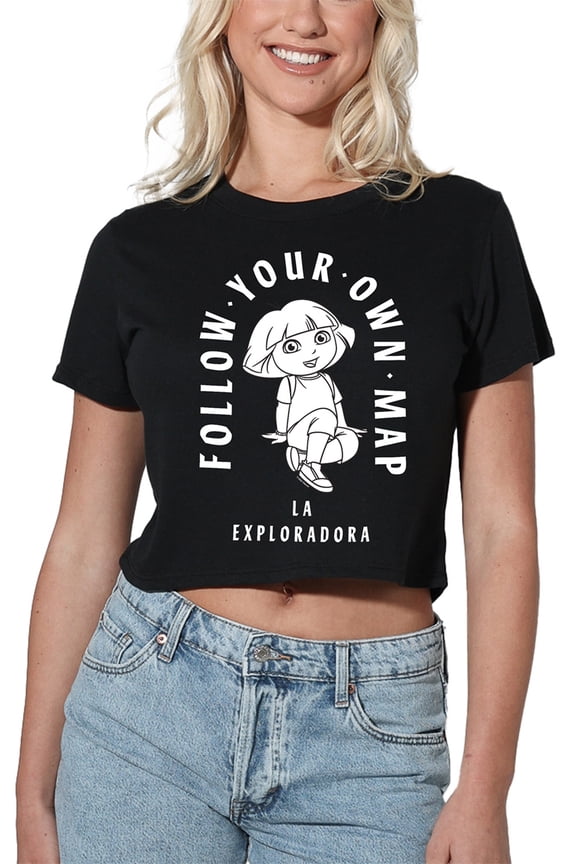 Popfunk Dora The Explorer Follow Your Own Map Women's Crop Top T-Shirt, Black, X-Large