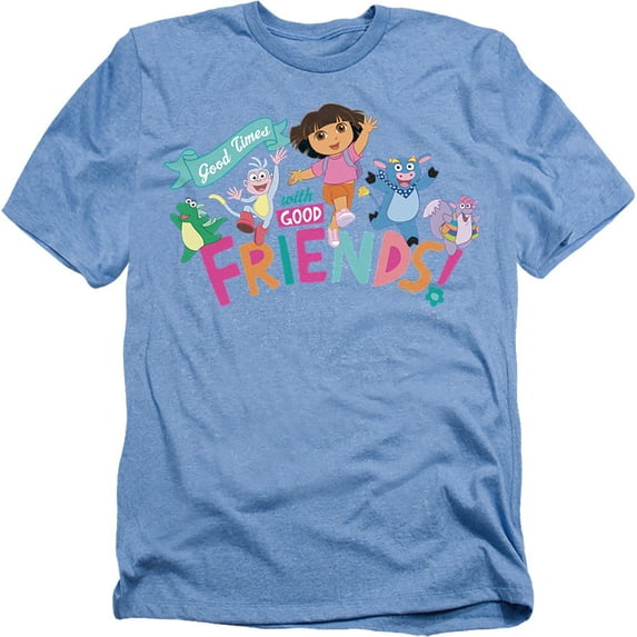 Popfunk Dora The Explorer Good Times With Good Friends Unisex Adult Heather T Shirt, Light Blue Heather, Small