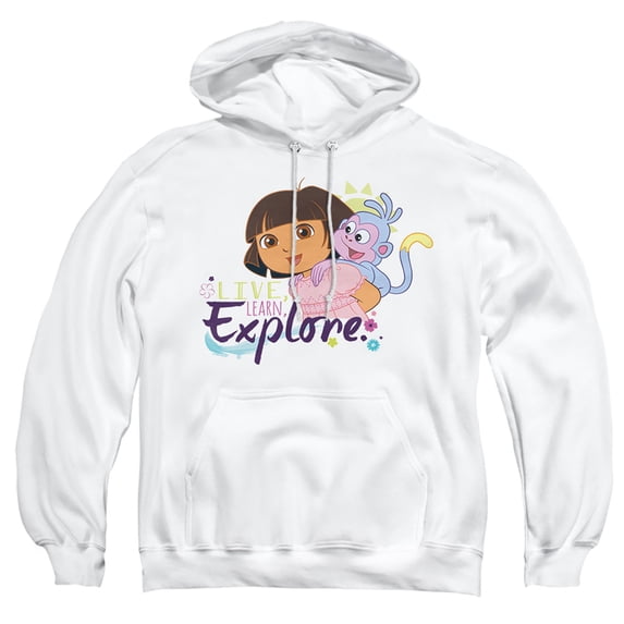 Popfunk Dora The Explorer Live, Learn, Explore Adult Pull-Over Hoodie, White, Large