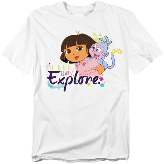 Popfunk Dora The Explorer Live, Learn, Explore Unisex Adult T Shirt, White, Small