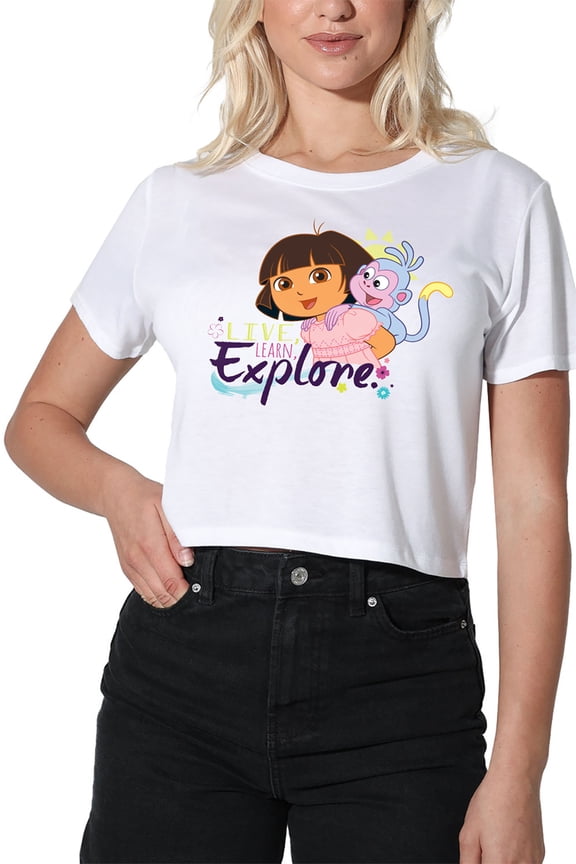 Popfunk Dora The Explorer Live, Learn, Explore Women's Crop Top T-Shirt, White, Small