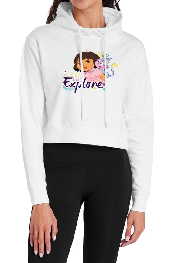 Popfunk Dora The Explorer Live, Learn, Explore Women's Cropped Hoodie Pullover Sweatshirt, White, X-Large