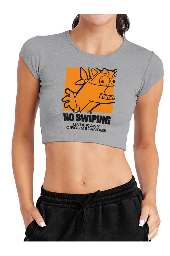 Popfunk Dora The Explorer No Swiping Under Any Circumstances Women's Cap Sleeve Baby Rib Crop Top, Athletic Heather, Large