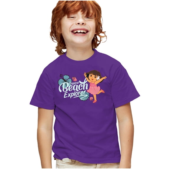 Popfunk Dora The Explorer Tropical Beach Explorer Kids T Shirt for Youth Boys and Girls, Purple, Large