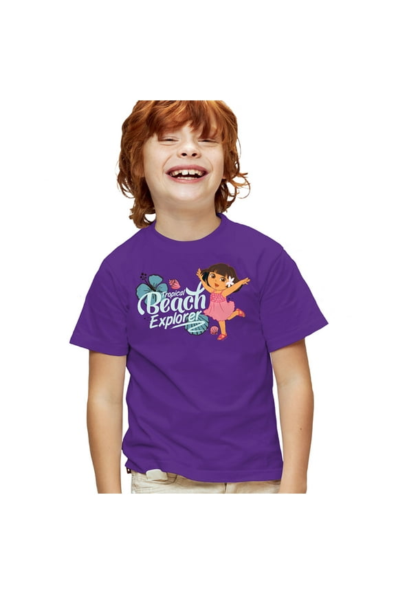 Popfunk Dora The Explorer Tropical Beach Explorer Kids T Shirt for Youth Boys and Girls, Purple, Large