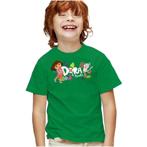 Popfunk Dora The Explorer With Boots And Butterflies Kids T Shirt for Youth Boys and Girls, Kelly Green, Small