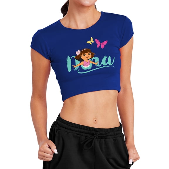 Popfunk Dora The Explorer With Butterflies Women's Cap Sleeve Baby Rib Crop Top, Royal, Medium