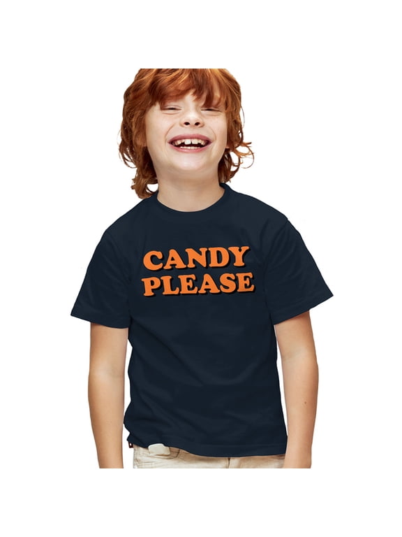 Popfunk Halloween Candy Please Kids T Shirt for Youth Boys and Girls, Navy, Small