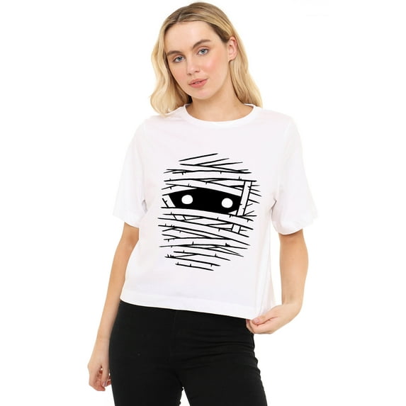 Popfunk Halloween Mummy Costume Women's Boxy Cropped T-Shirt Casual Graphic Tee