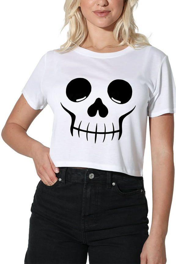 Halloween Skull Costume Women's Crop Top T-Shirt, White, Large