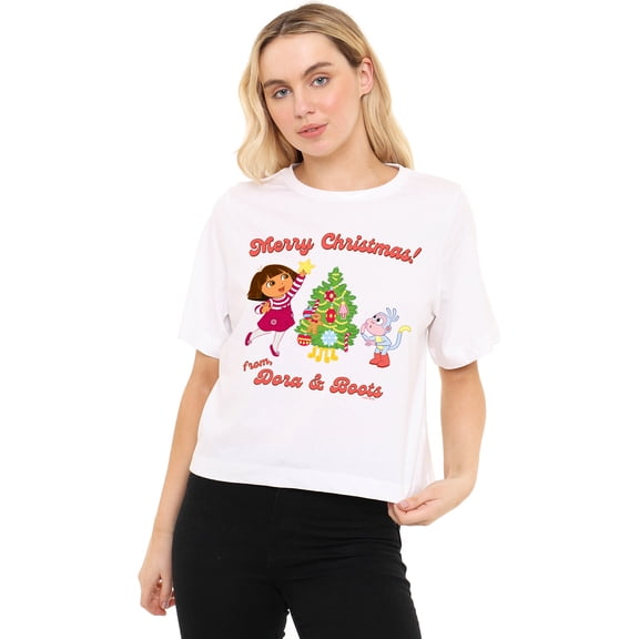 Popfunk Happy Holidays from Dora and Boots Women's Boxy Cropped T Shirt, White, Medium
