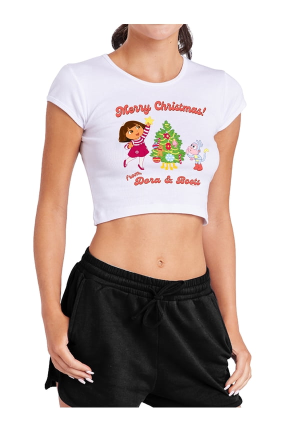 Popfunk Happy Holidays from Dora and Boots Women's Cap Sleeve Baby Rib Crop Top, White, Small