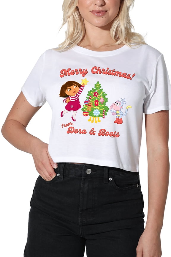 Popfunk Happy Holidays from Dora and Boots Women's Crop Top T-Shirt, White, Medium