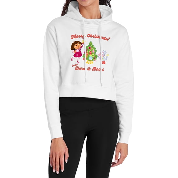 Popfunk Happy Holidays from Dora and Boots Women's Cropped Hoodie Pullover Sweatshirt, White, 2X-Large