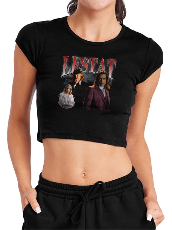 Popfunk Interview with The Vampire Lestat Homage Women's Cap Sleeve Baby Rib Crop Top, Black, Small