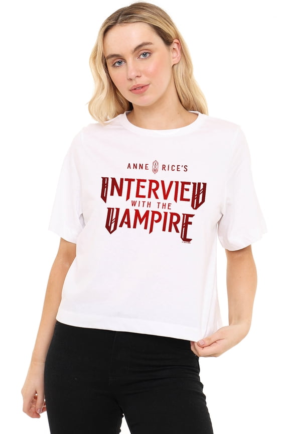 Popfunk Interview with The Vampire Red Logo Women's Boxy Cropped T Shirt, White, Small