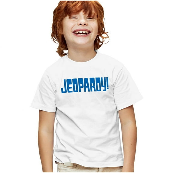 Popfunk Jeopardy Blue Logo Kids T Shirt for Youth Boys and Girls, White, X-Small