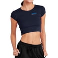 thumbnail image 1 of Popfunk Jeopardy Striped Logo Women's Cap Sleeve Baby Rib Crop Top, Navy, Small, 1 of 5
