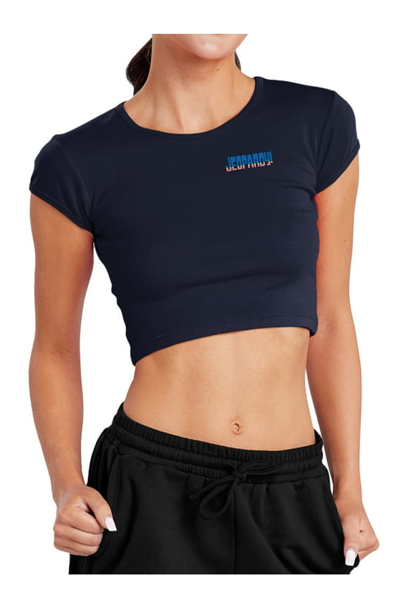 Popfunk Jeopardy Striped Logo Women's Cap Sleeve Baby Rib Crop Top, Navy, X-Large