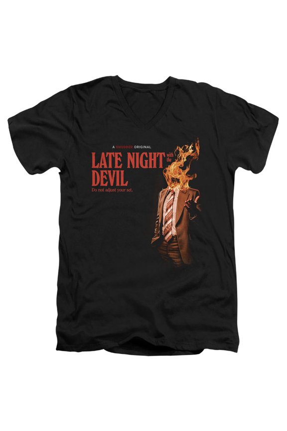 Popfunk Late Night with the Devil Fire Unisex Adult V-Neck T Shirt (Large) Black