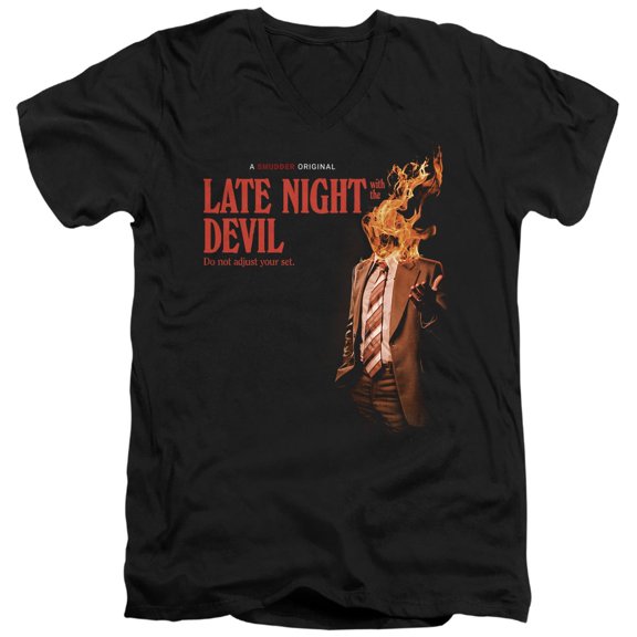 Popfunk Late Night with the Devil Fire Unisex Adult V-Neck T Shirt (Medium) Black