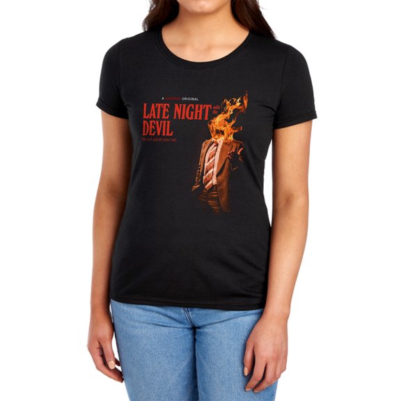 Popfunk Late Night with the Devil Fire Women's T Shirt, Black, Medium