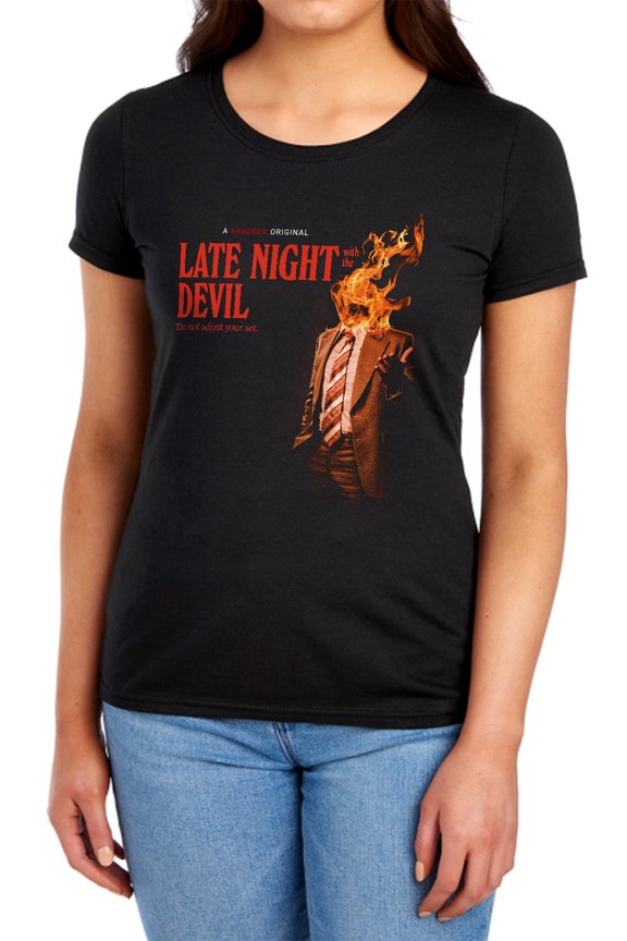 Popfunk Late Night with the Devil Fire Women's T Shirt, Black, X-Large
