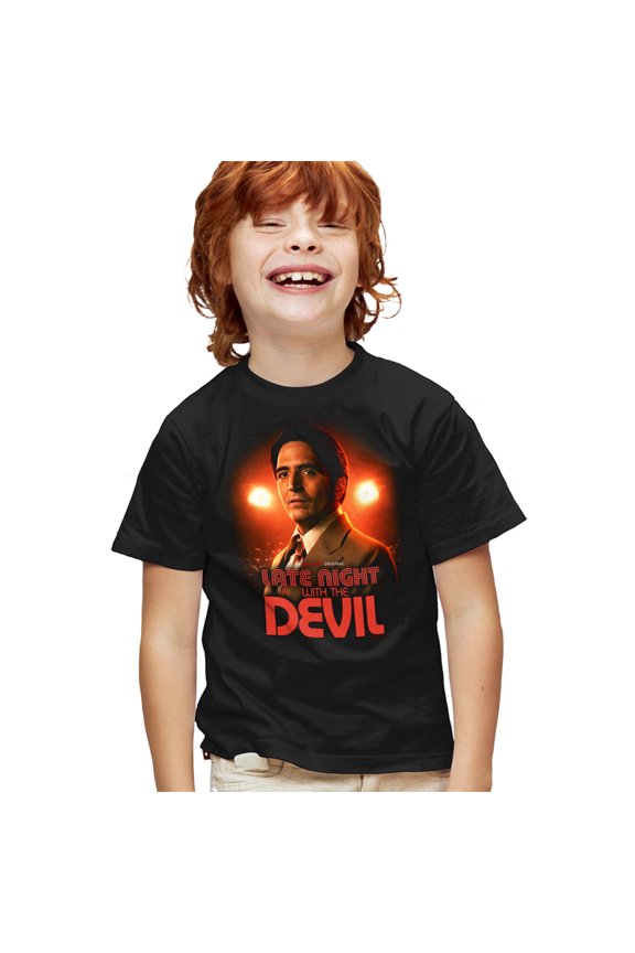Popfunk Late Night with the Devil Portrait Kids T Shirt for Youth Boys and Girls, Black, Large