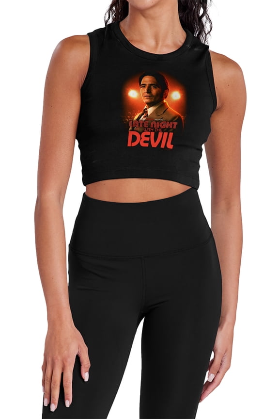 Popfunk Late Night with the Devil Portrait Women's Sleeveless Crop Top Tank, Black, 2X-Large