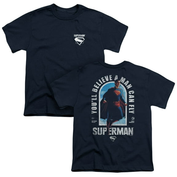 Popfunk Superman (2025) A Man Can Fly Front Back Kids T Shirt for Youth Boys and Girls, Navy, Medium