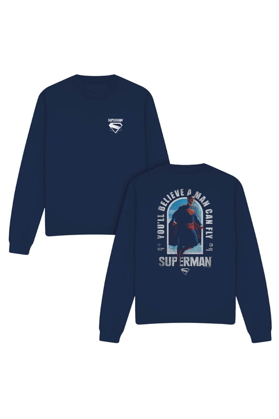 Popfunk Superman (2025) A Man Can Fly Front Back Unisex Adult Crewneck Sweatshirt, Navy, 5X-Large