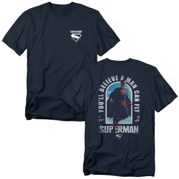 Popfunk Superman (2025) A Man Can Fly Front Back Unisex Adult T Shirt, Navy, Large