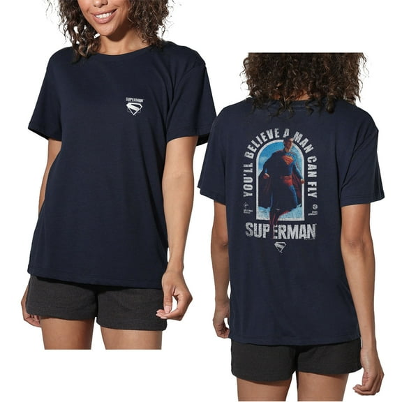 Popfunk Superman (2025) A Man Can Fly Front Back Women's Loose T-Shirt, Navy, Medium