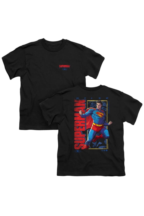 Popfunk Superman (2025) Comic Strip Pose Front Back Kids T Shirt for Youth Boys and Girls, Black, Large