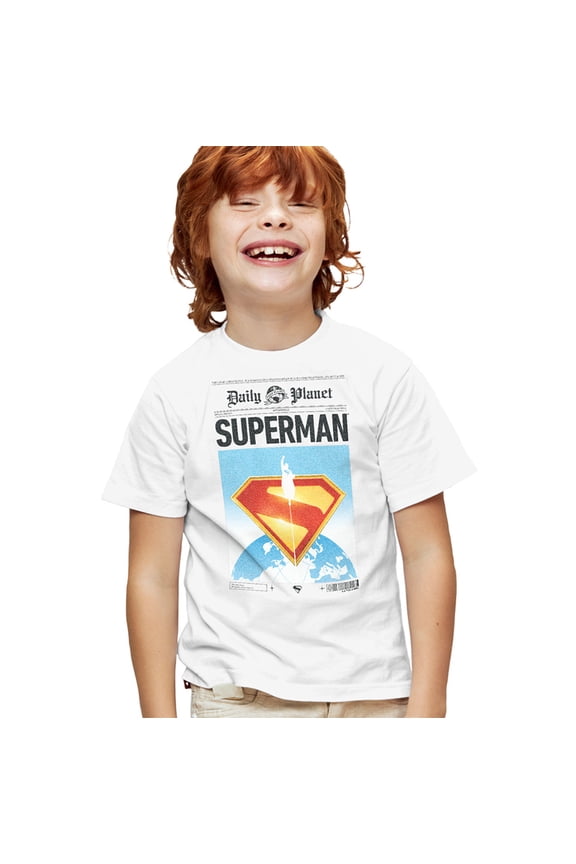 Popfunk Superman (2025) Daily Planet Front Page Kids T Shirt for Youth Boys and Girls, White, X-Large