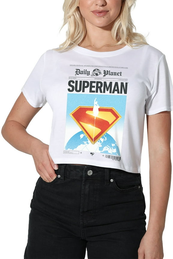 Popfunk Superman (2025) Daily Planet Front Page Women's Crop Top T-Shirt, White, Medium