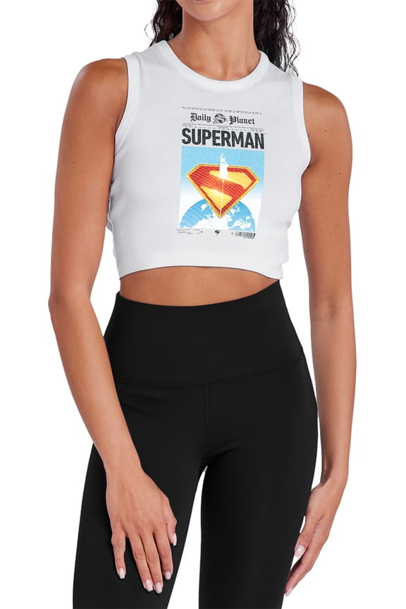 Popfunk Superman (2025) Daily Planet Front Page Women's Sleeveless Crop Top Tank, White, Large