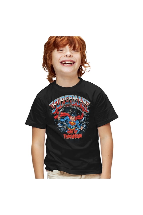 Popfunk Superman Band Chain Break Kids T Shirt for Youth Boys and Girls, Black, Medium