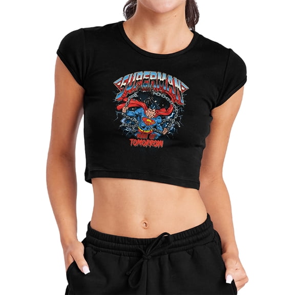 Popfunk Superman Band Chain Break Women's Cap Sleeve Baby Rib Crop Top, Black, X-Large