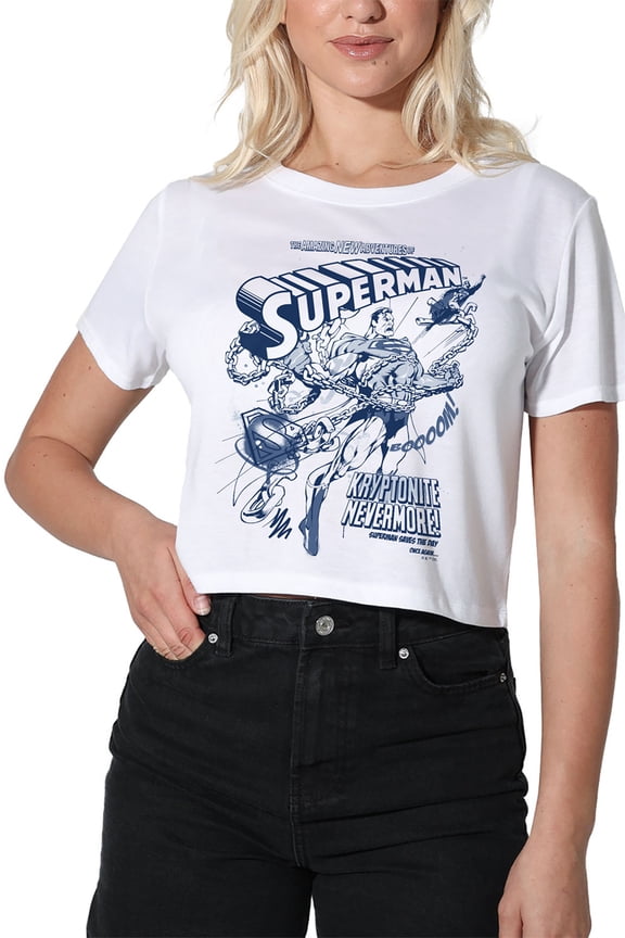 Popfunk Superman Comic Break Through Women's Crop Top T-Shirt, White, Small