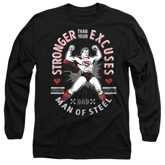 Popfunk Superman Father's Day Superman Stronger Than Excuses Unisex Adult Long-Sleeve T Shirt, Black, 3X-Large