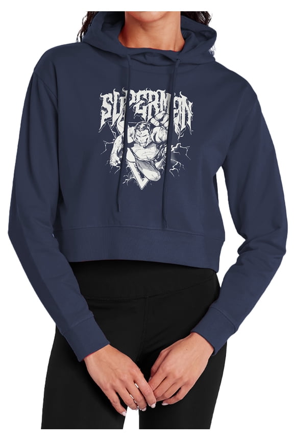 Popfunk Superman Flying Band Women's Cropped Hoodie Pullover Sweatshirt, Navy, Medium